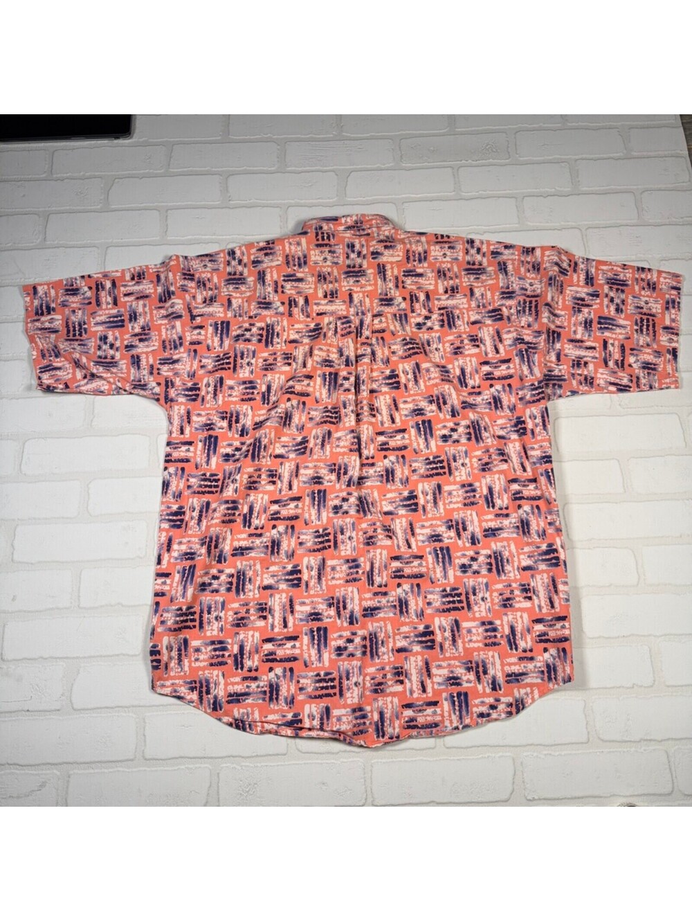 Vintage 90s Bugle Boy Short Sleeve Button Up Shirt Made in USA Large Pink Blue
